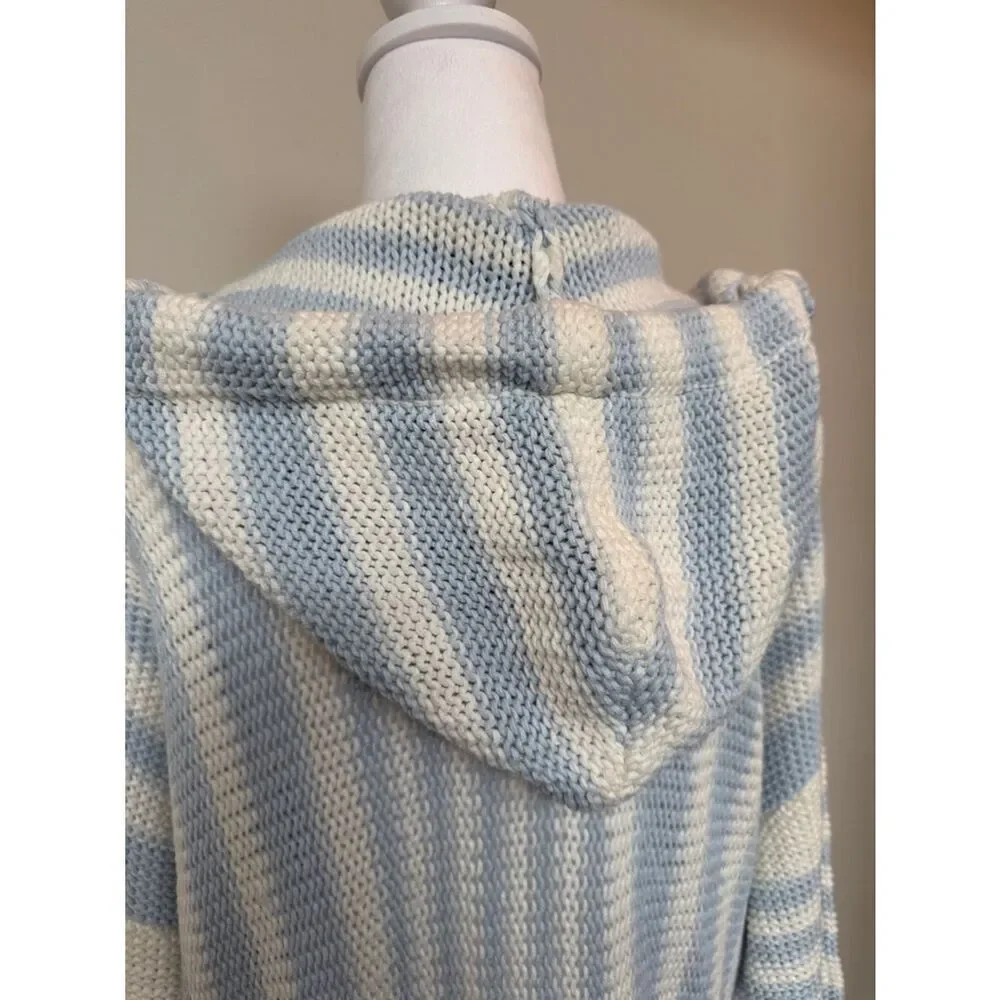 Vintage Havana Blue & White Striped Hooded Knit Sweater with Pink Script